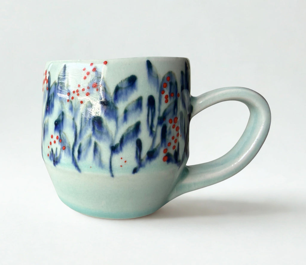 Dark Blue Vines and Red Orange Dots